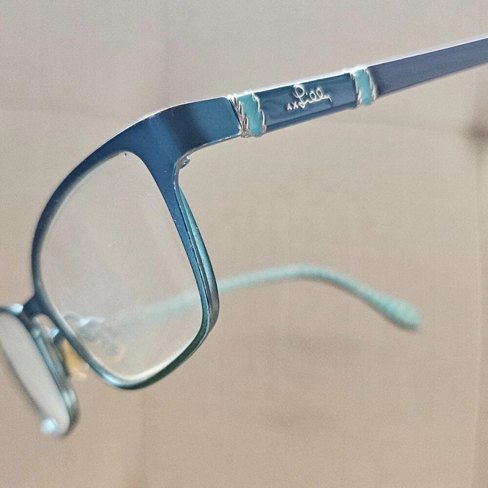 Lilly Pulitzer Teal Frame Glasses with Mint-White Striped Temples - Picture 3 of 13